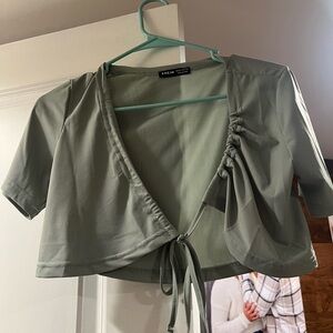 SHEIN Sage Green Ruched Tie-Front Blouse